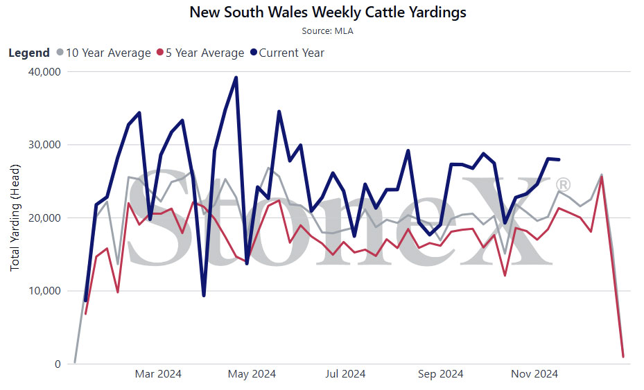 New South Wales Weekly Cattle Yardings graph: Current, 5 year & 10 year
