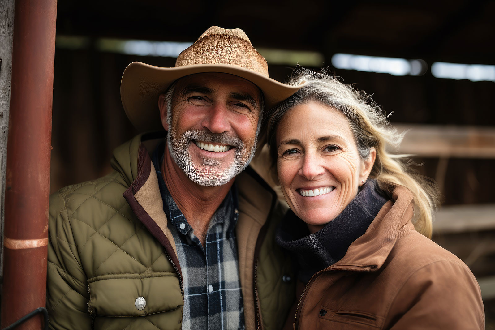 a man and a woman standing in front of a farm shed