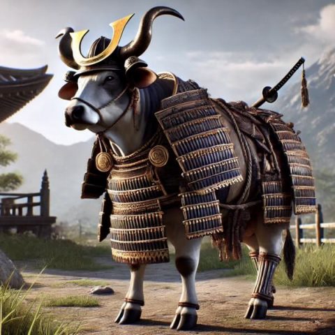 A bull dressed in Samurai armour in a Japanese landscape