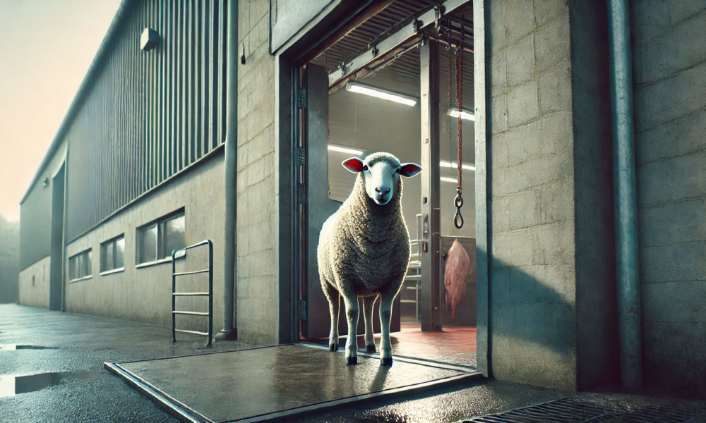 a sheep at processing plant