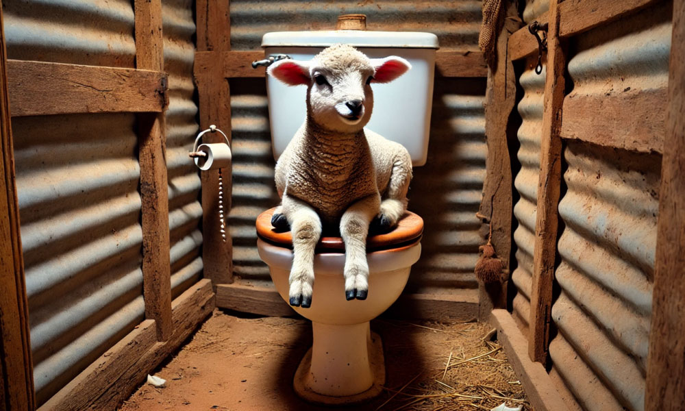a lamb sitting in a toilet