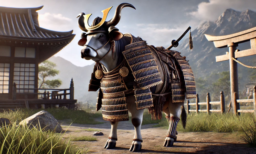 a bull dressed as a japanese samurai
