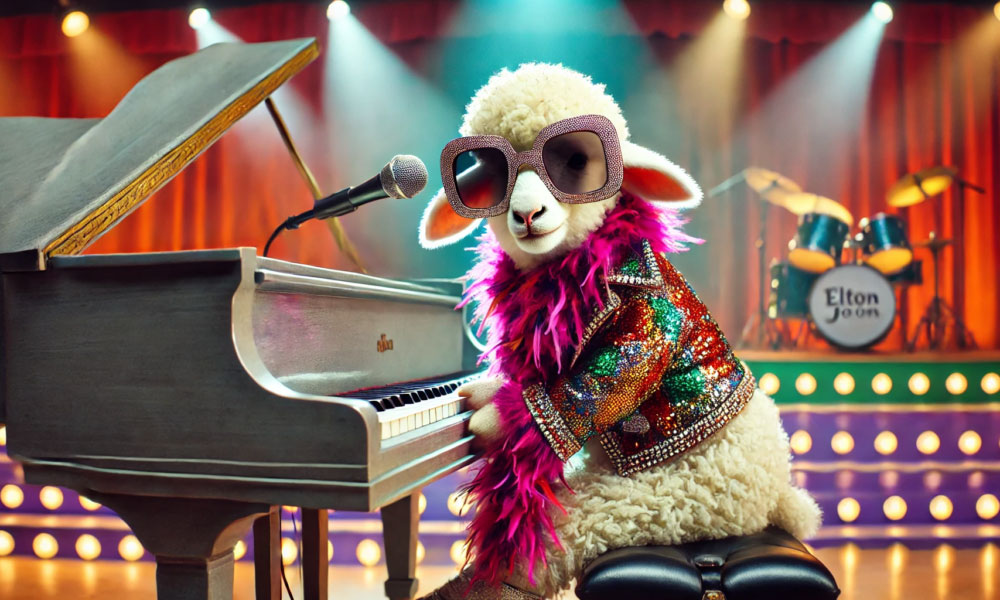 A lamb playing a piano