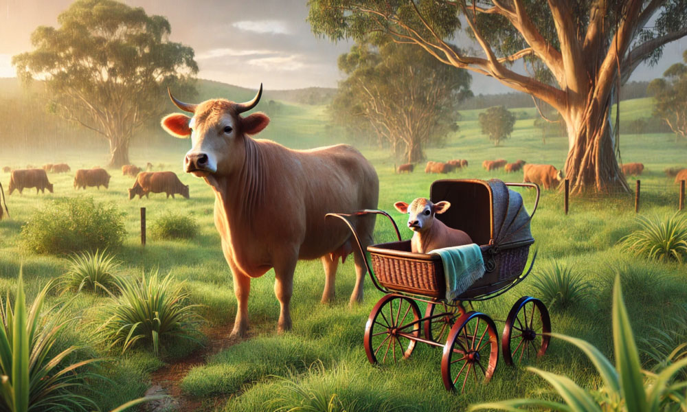 A cow with a calf sitting in an old pram in a grassy field
