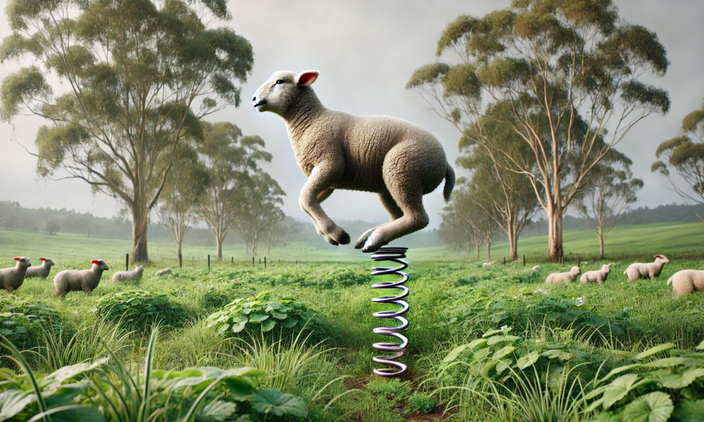 A lamb in a grassy field standing on a large spring