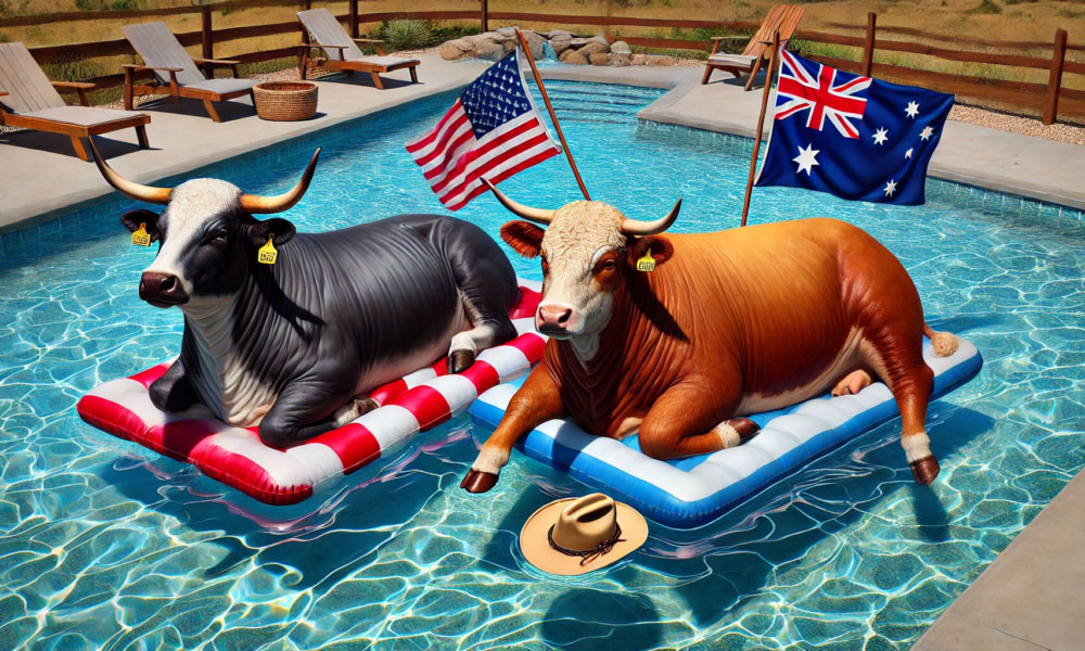 Cattle with Australian and American flags floating on a pool