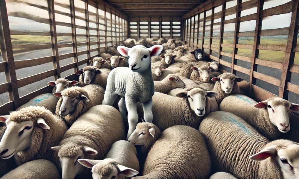 A lamb standing on the backs of sheep in a truck