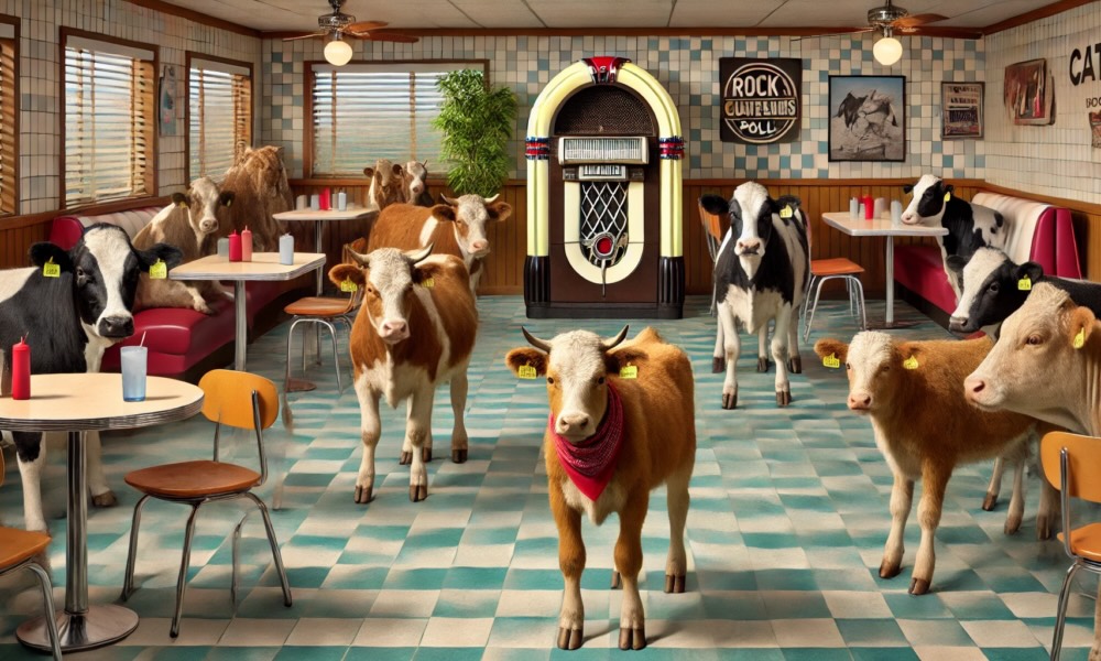 A group of cows sitting in an American style roadside diner