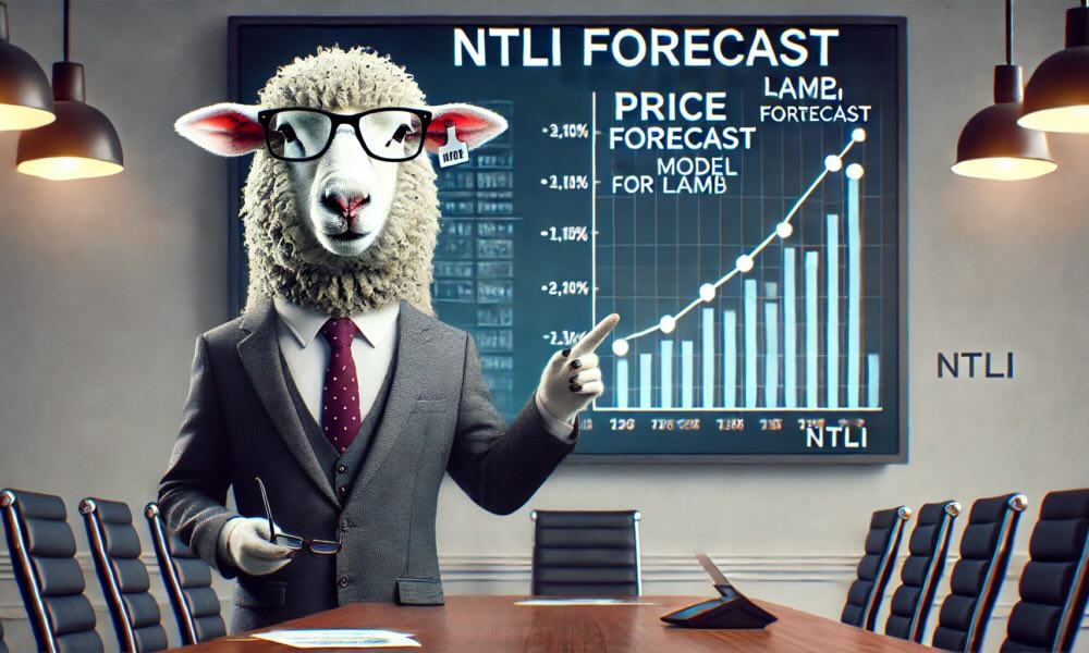 A sheep wearing a suit standing in front of a screen showing a NTLI Forecast graph