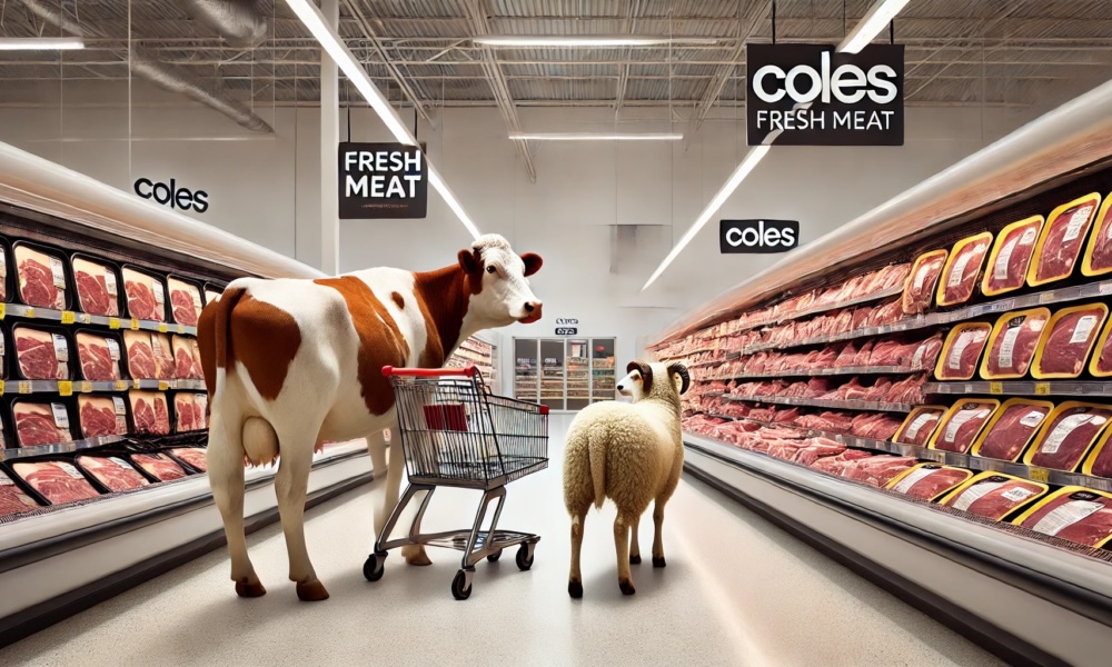 A cow and a sheep standing in the fresh meat aisle in a supermarket