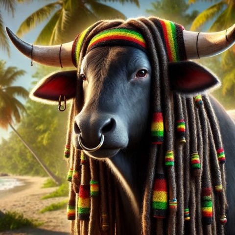 A bull with dreadlocks wearing rasta colours