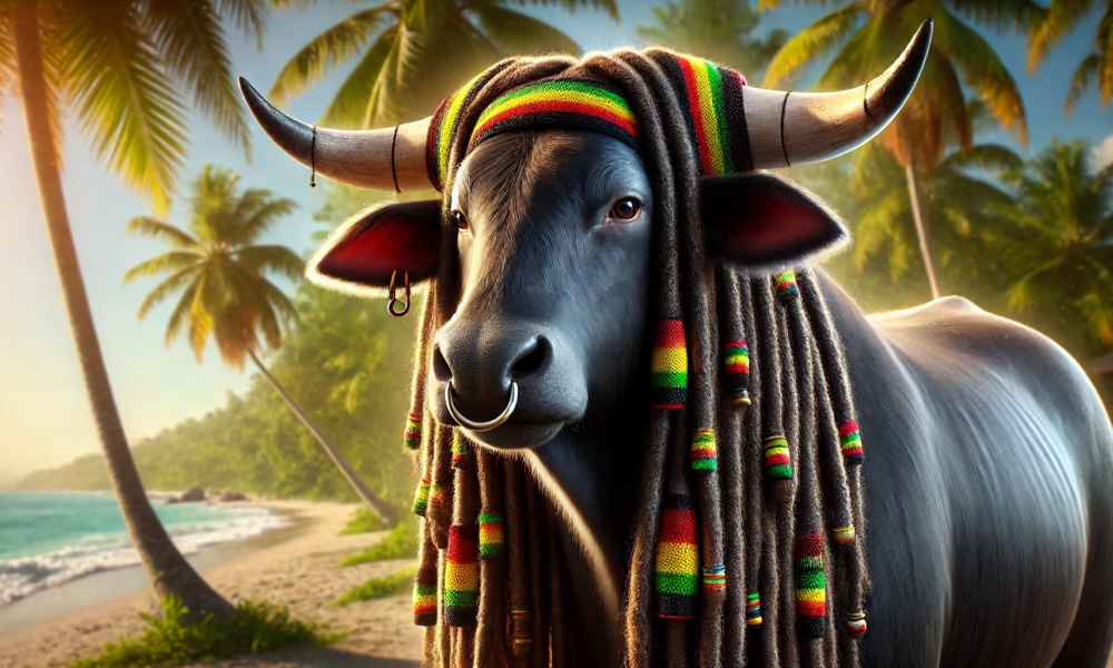 A bull with dreadlocks wearing rasta colours