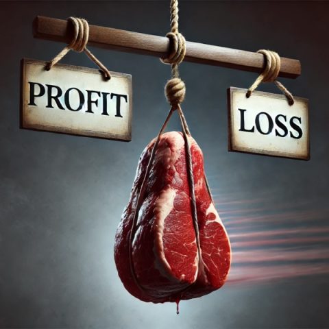 A piece of meat swinging between a scale of profit and loss