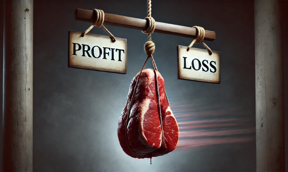 A piece of meat swinging between a scale of profit and loss