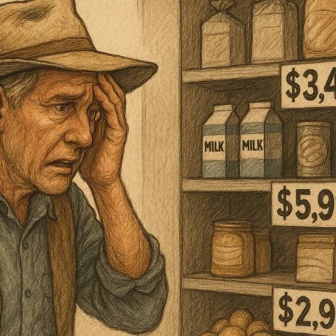 A farmer looking worried when looking at food prices