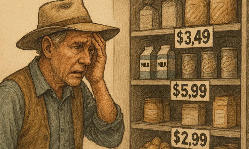 A farmer looking worried when looking at food prices