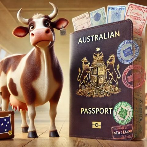 A cow with a suitcase and Australian passport about to leave the airport