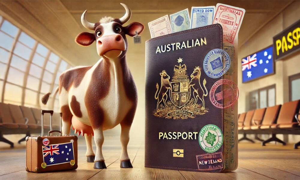 A cow with a suitcase and Australian passport about to leave the airport