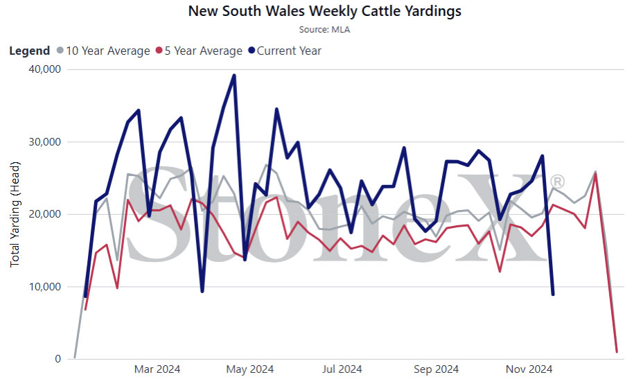 New South Wales Weekly Cattle Yardings graph: 2024