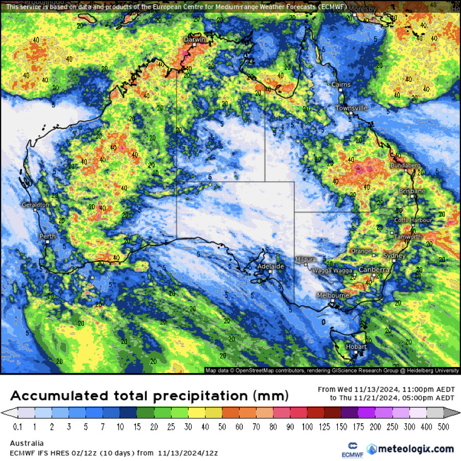 Australian Accumulated total precipitation map - 13th - 21st November 2024